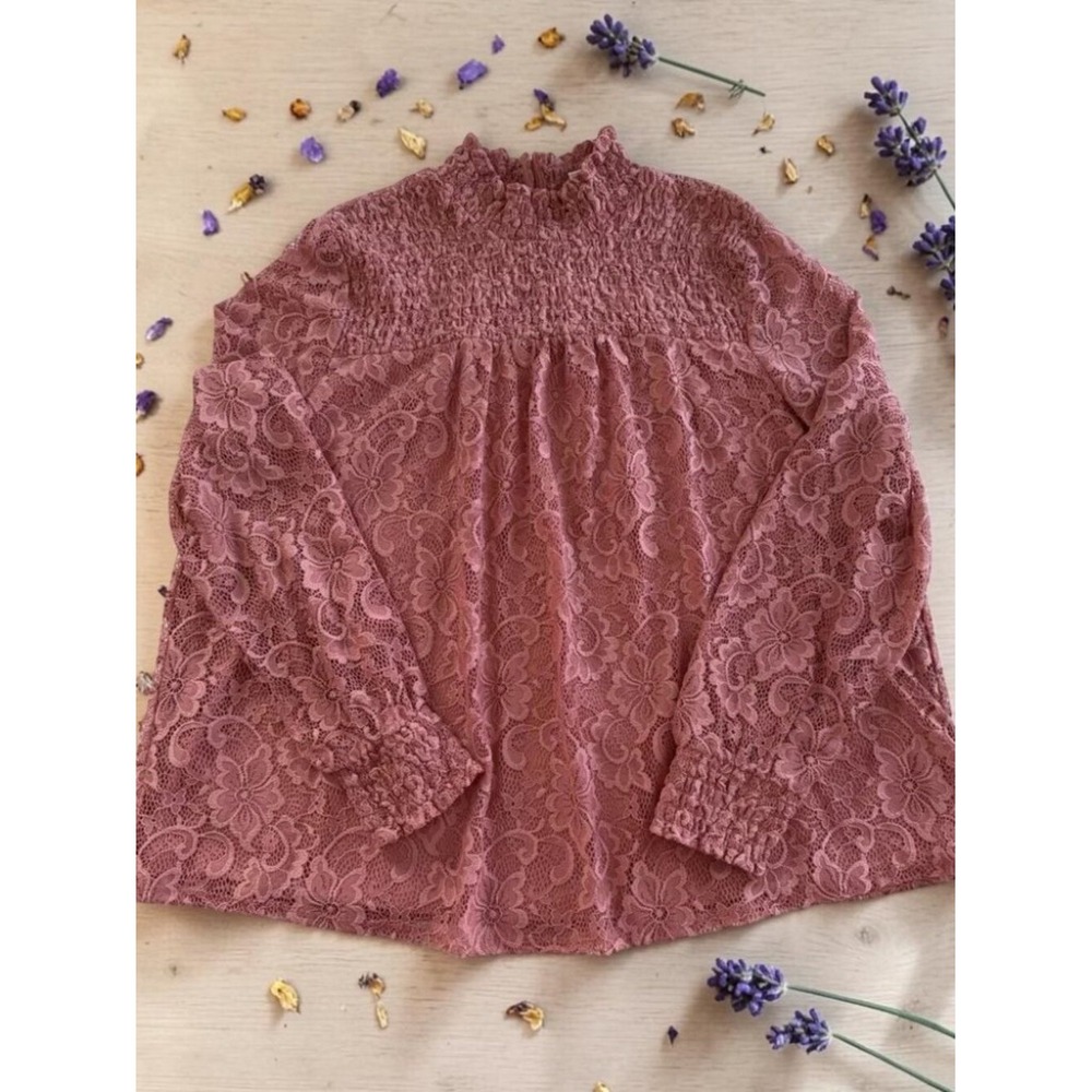 Floral Lace Smocked Mock‎ Neck Long Sleeve Pink Women XL Cato